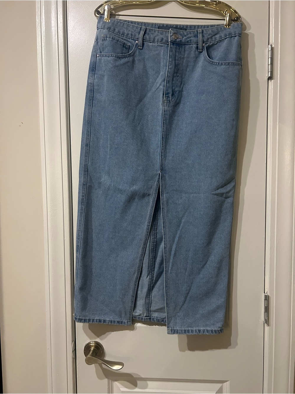Denim Midi Skirt with Front Slit - Light Blue